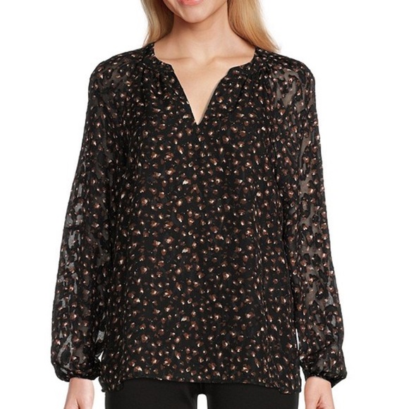 Kasper Tops - Kasper Women’s Black and‎ Brown Floral Patterned V Neck Blouse